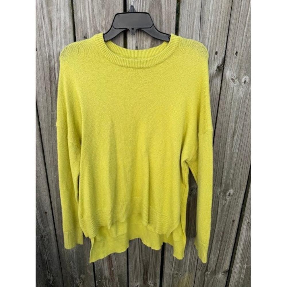 Neon Chartreuse Tahari Crewneck Sweater Large Yellow High Low Side Slit Relaxed
